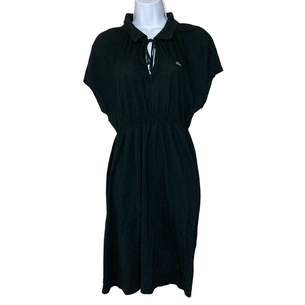 NEW Lacoste Black Short Sleeve Pique Modal Split Placket Polo Dress Midi Size 16